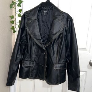 100% Leather Jacket with yellow and light blue stitching